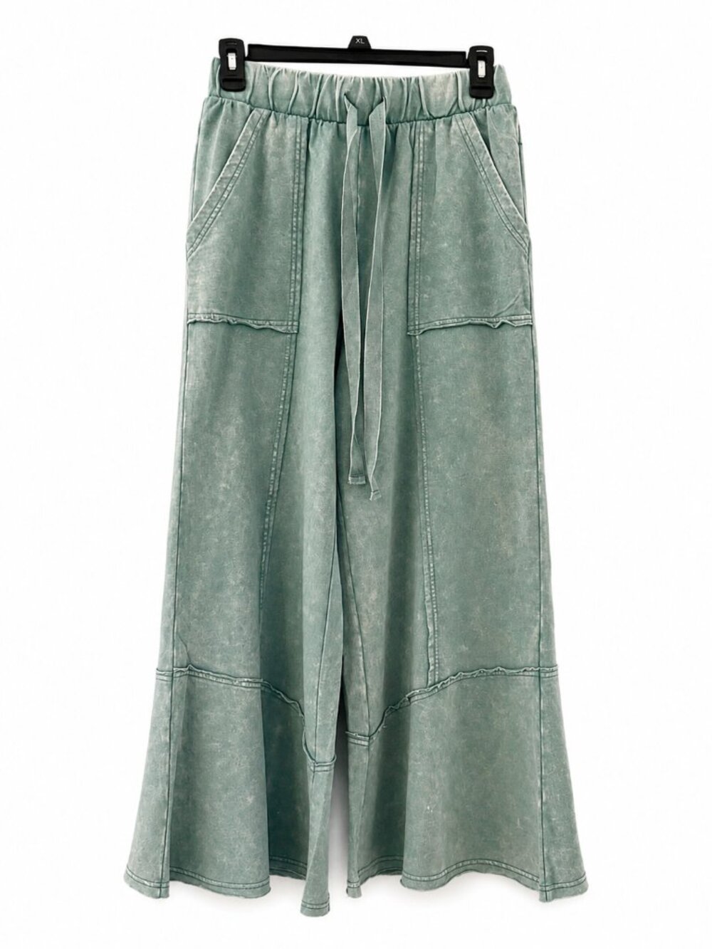 Zenana Mineral Wash Cotton Wide Leg Boho Pants Raw Seam Ruffle Hem - Picture 5 of 9